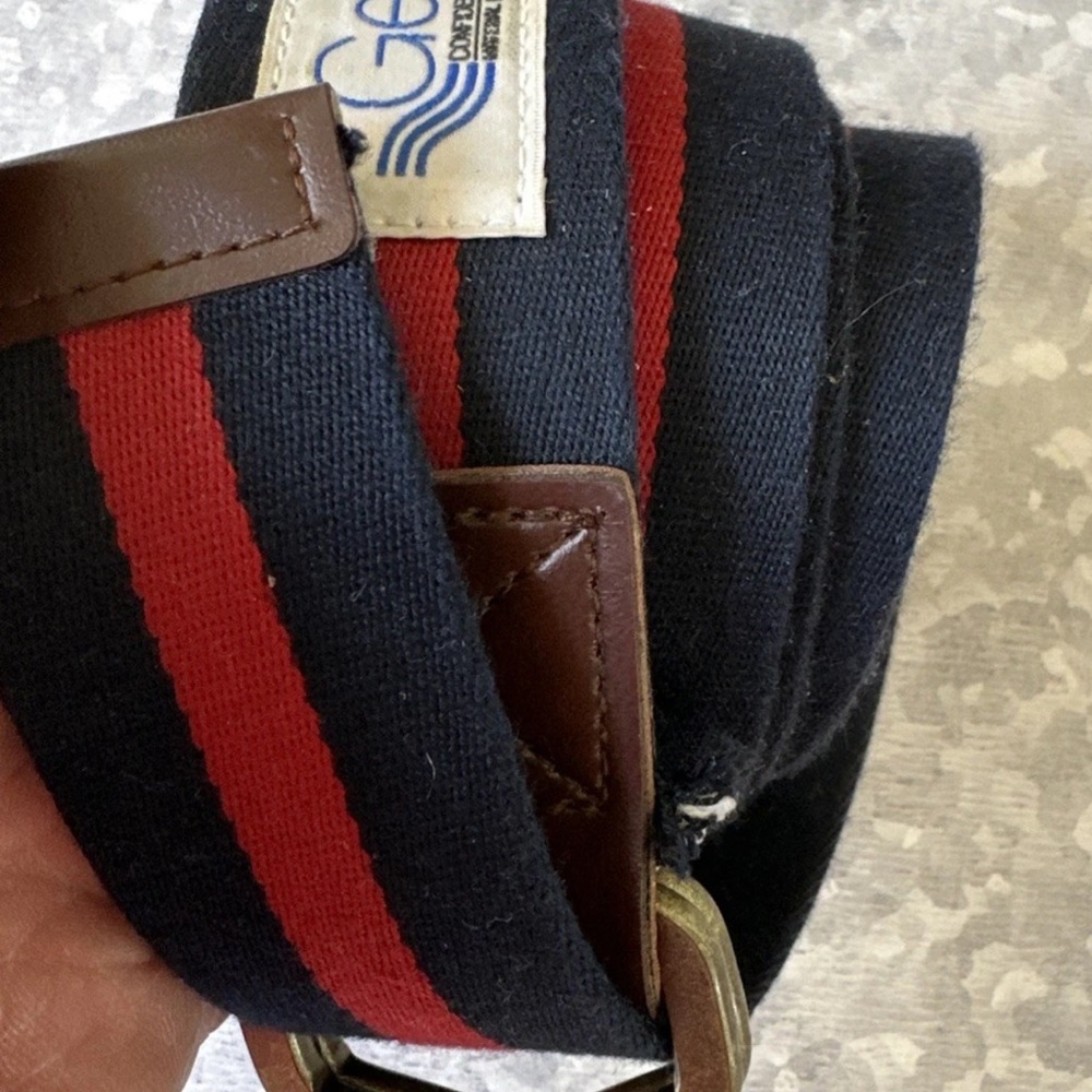 Gevaert Japan Belgium Canvas Webbing Leather Belt Vintage Red Blue Striped
